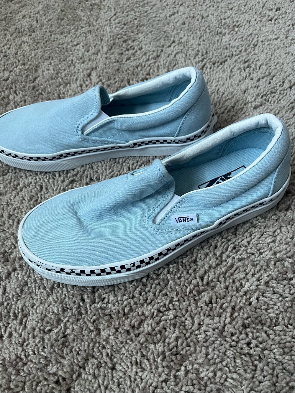 Vans Light Blue Slip-On Canvas Sneakers with Checker Trim - Picture 4 of 5